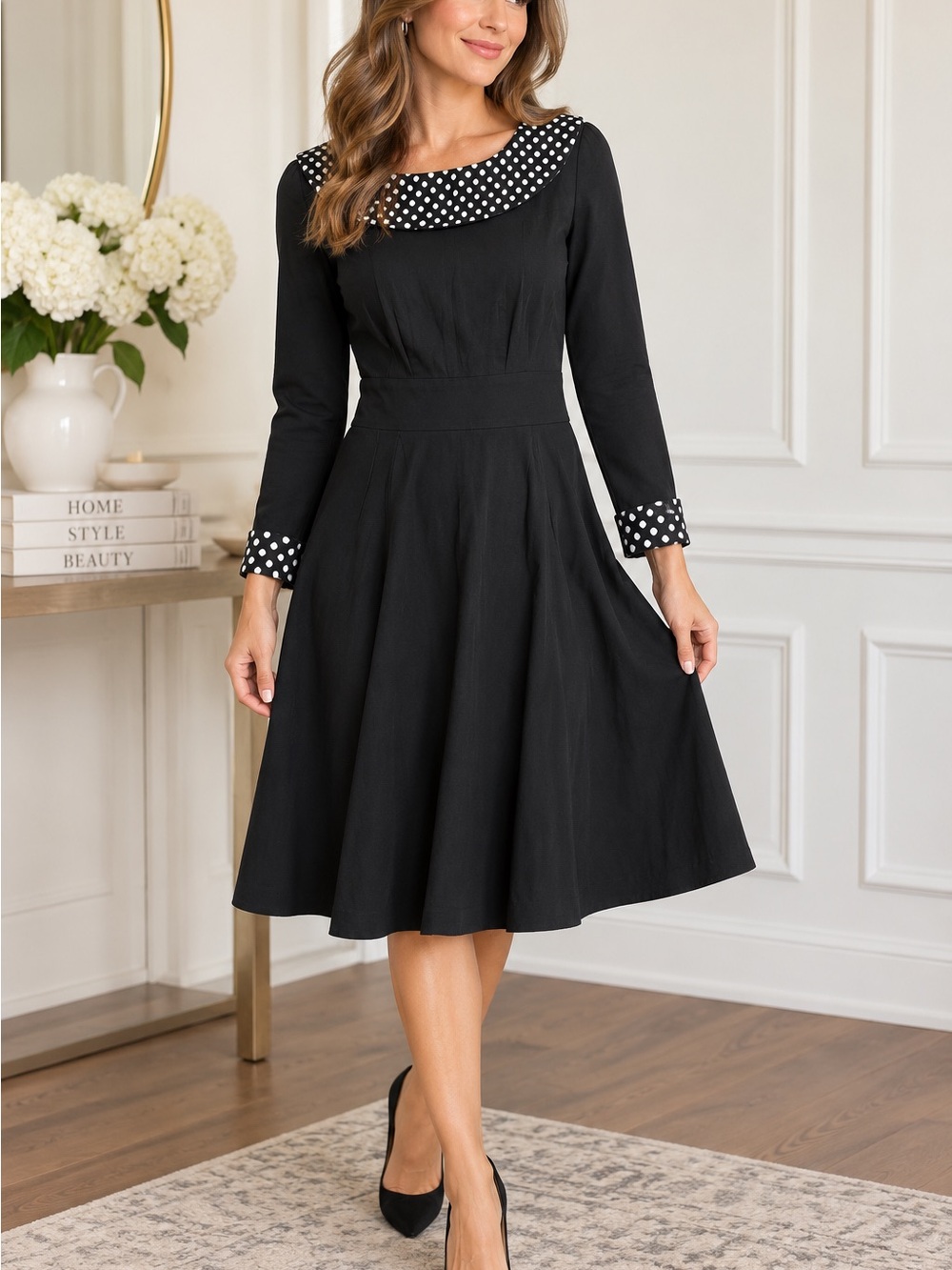 Classic Black Polka Dot Trim Fit & Flare Dress